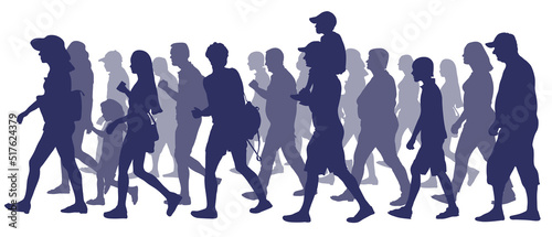 Moving crowd of people, silhouette. Side view. Vector illustration,