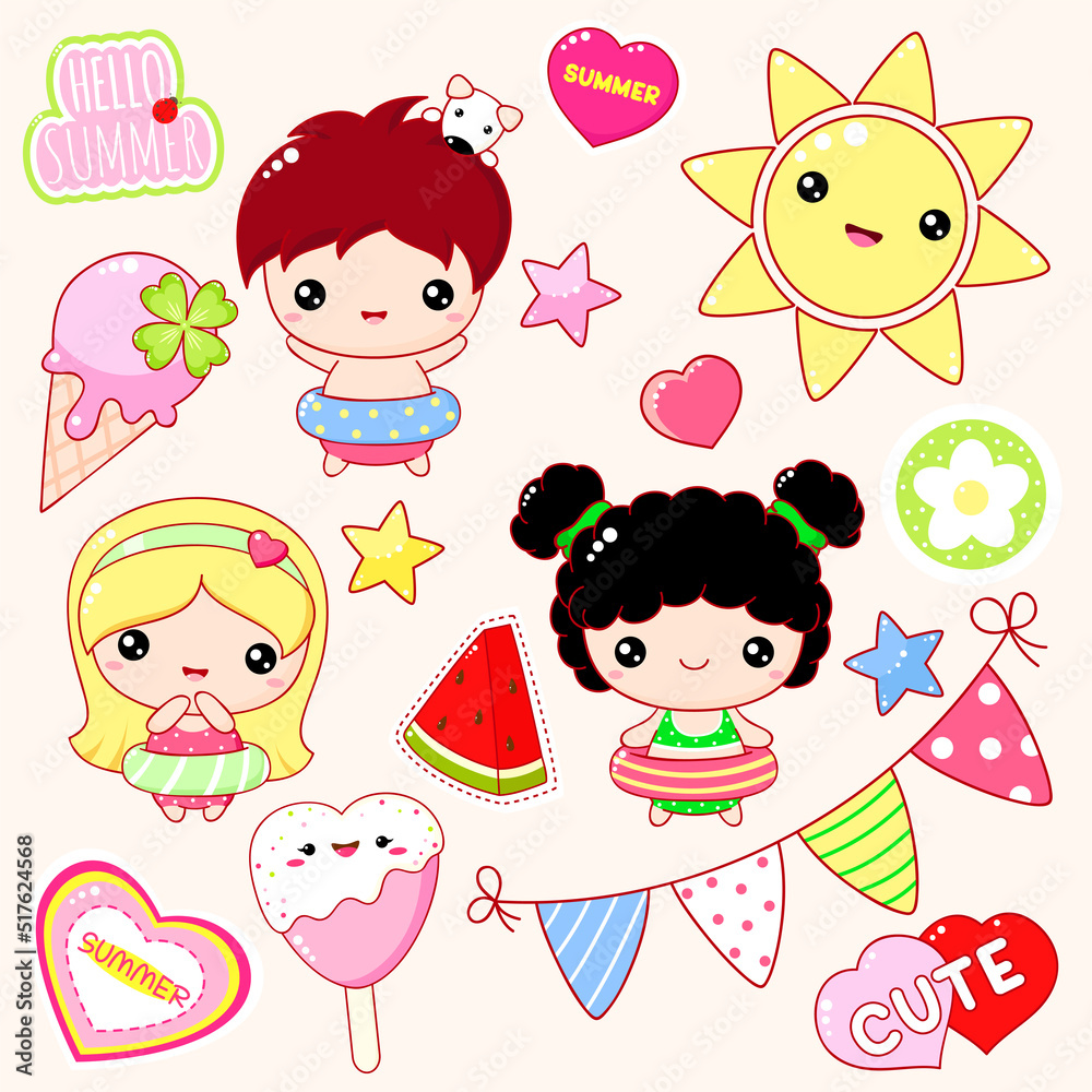 Set of lovely vacation icons in kawaii style. Boy and girl with lifebuoy, ice cream, heart, watermelon, sticker with inscription Hello summer, Cute. Vector illustration EPS8 Set of lovely vacation icons in kawaii style. Boy and girl with lifebuoy, ice cream, heart, watermelon, sticker with inscription Hello summer, Cute. Vector illustration EPS8
