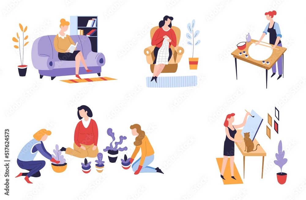 Pastime or hobby and leisure activity shopping and planting craft vector girl near mirror and man with flower pots Pastime or hobby and leisure activity shopping and planting craft vector girl near mirror and man with flower pots