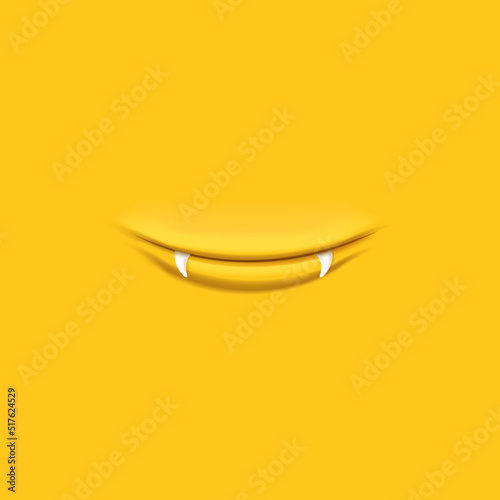 Vector Cartoon vampire mouth with fangs isolated on orange background. Funny and cute Monster mouth with teeth and tongue