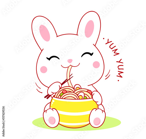 Cute white rabbit eat ramen noodles. Inscription You and me. Kawaii little bunny are happy to eat noodles. Vector illustration EPS8
