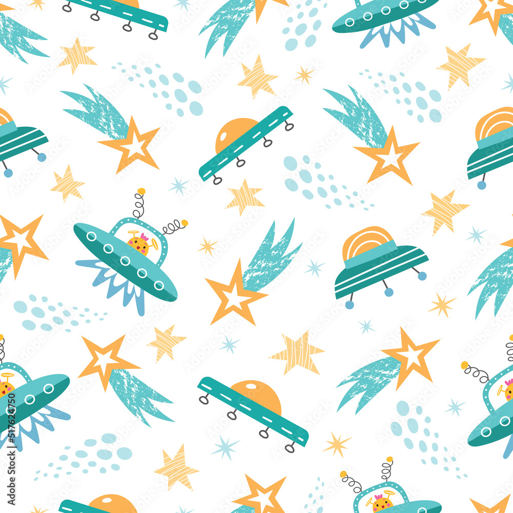 Obraz premium Space seamless vector pattern. Space planets stars spaceship aliens in the doodle style.