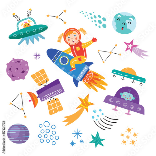 Vector set with elements on children's space theme.