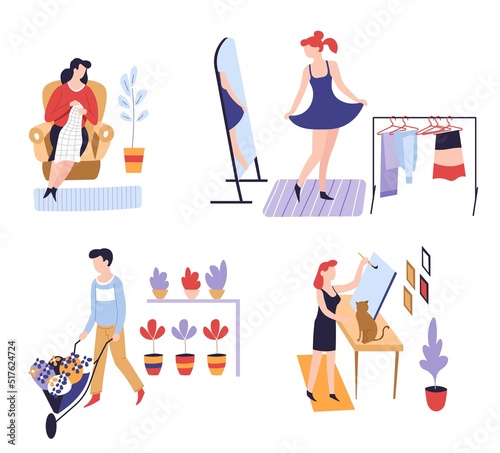 Pastime or hobby and leisure activity shopping and planting craft vector girl near mirror and man with flower pots