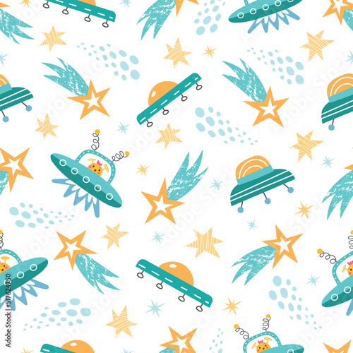 Space seamless vector pattern. Space planets stars spaceship aliens in the doodle style.