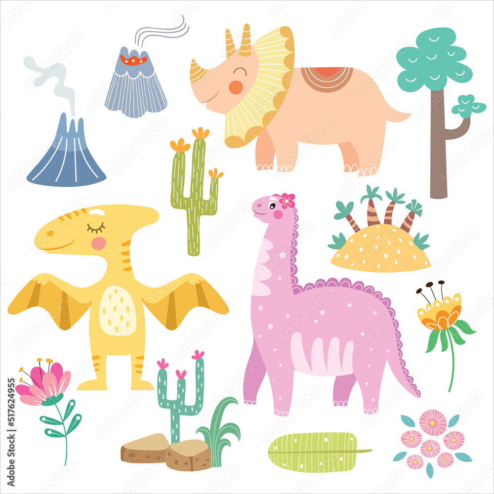 Naklejka premium Vector set with cute dinosaurs and tropical leaves, palm trees, trees, cacti, flowers.