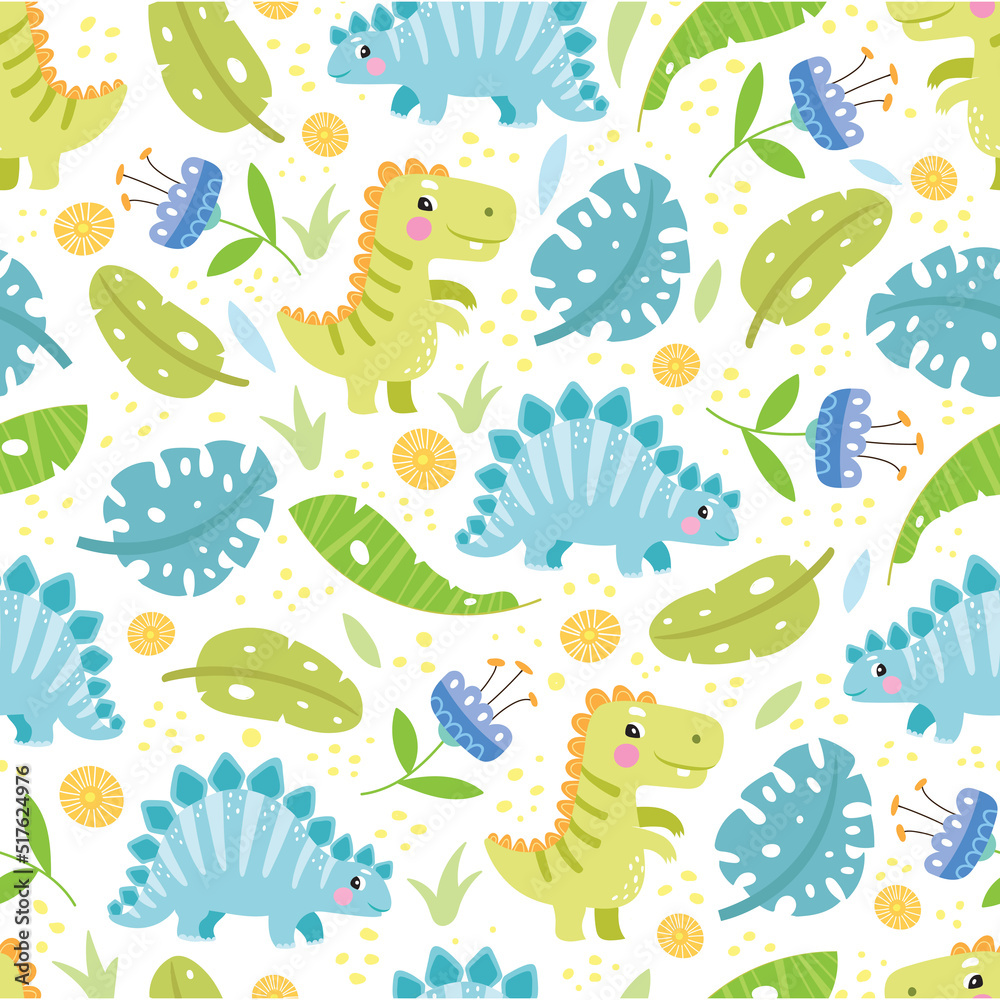 Seamless pattern with cute dinosaurs, baby pattern. Color illustration in vector.