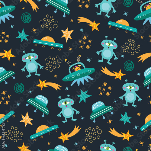 Space seamless vector pattern. Space planets stars spaceship aliens in the doodle style