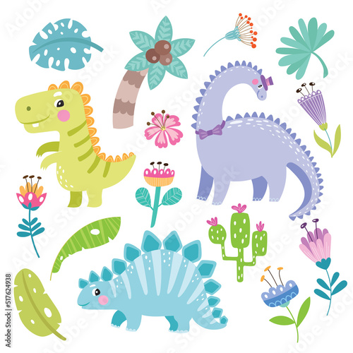 Vector set with cute dinosaurs and tropical leaves, palm trees, trees, cacti, flowers.