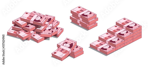 Chinese currency 100 yuan, a bundle set of banknotes in various shapes. 