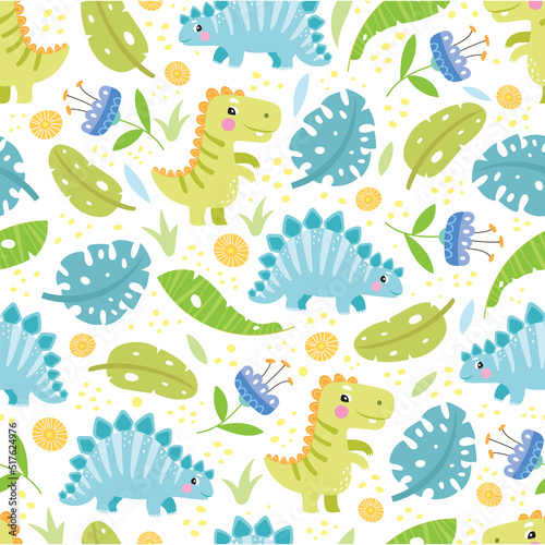 Seamless pattern with cute dinosaurs  baby pattern. Color illustration in vector.