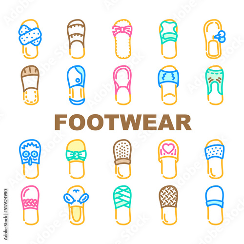 Home Footwear Comfortable Shoes Icons Set Vector. Domestic Elegant And Comfort Footwear  Leather And Textile Slippers For Walking On Beach Outdoor And House Indoor Color Illustrations