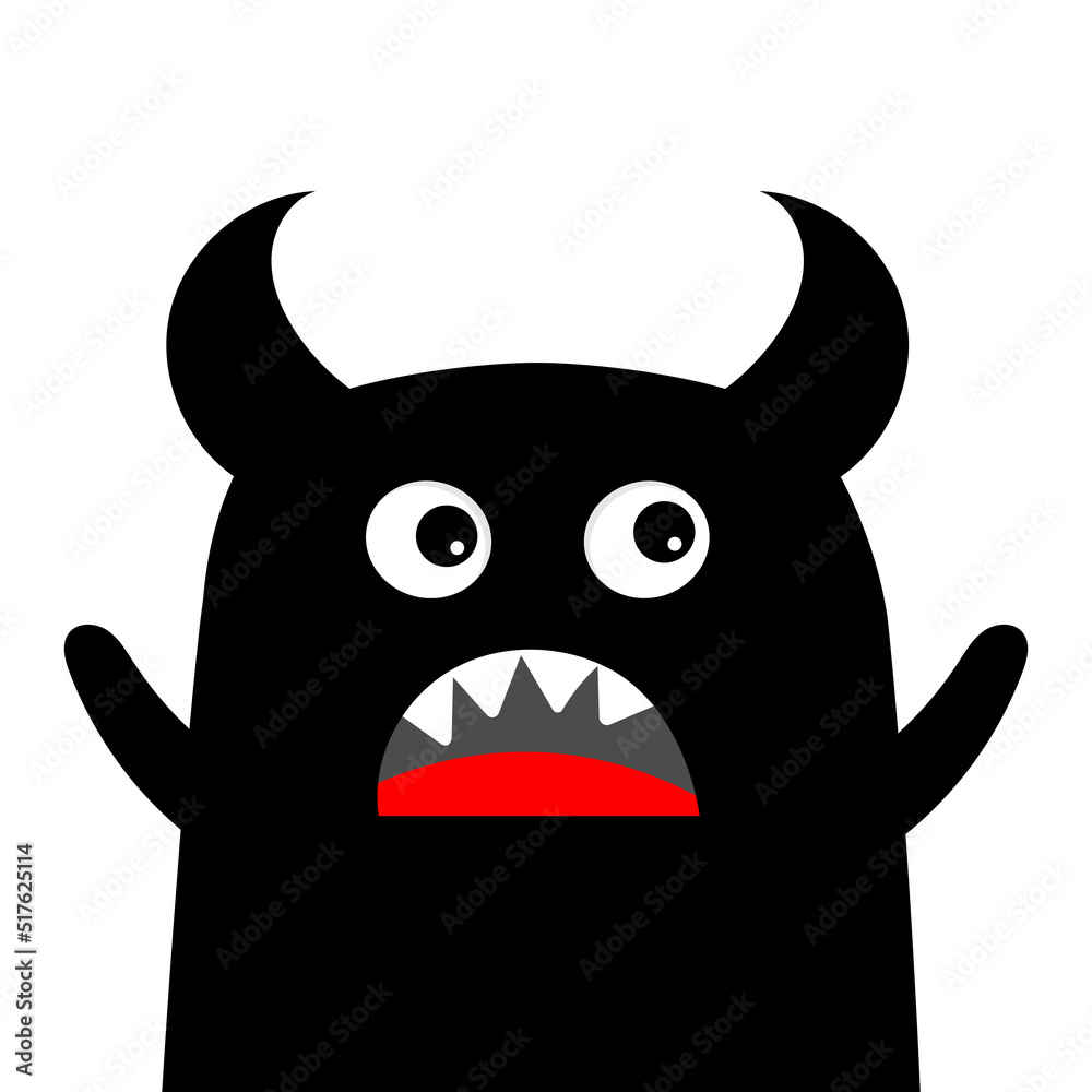 Monster waving hand. Happy Halloween. Kawaii cute cartoon baby character. Funny face head body. Horn, fang tooth, tongue. Black silhouette. Flat design. White background. Monster waving hand. Happy Halloween. Kawaii cute cartoon baby character. Funny face head body. Horn, fang tooth, tongue. Black silhouette. Flat design. White background.