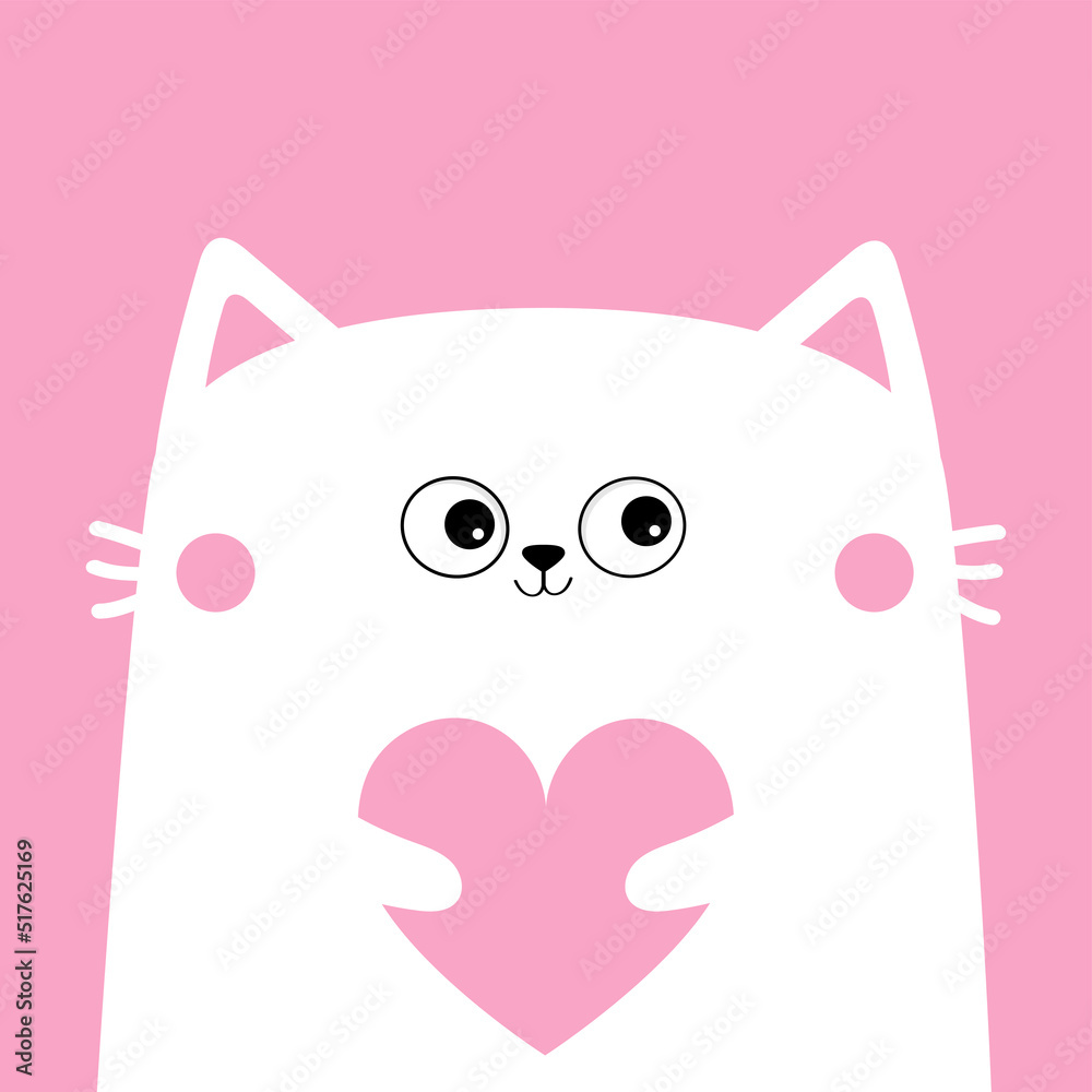 White cat kitten kitty head face holding pink heart. Happy Valentines Day. Cute cartoon kawaii funny animal character. Flat design. Love card. Sticker print. Pink background. Isolated.