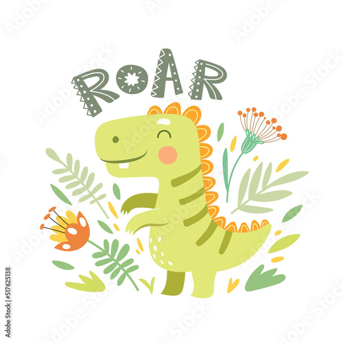 Vector illustration with cute dinosaur, flowers and leaves.