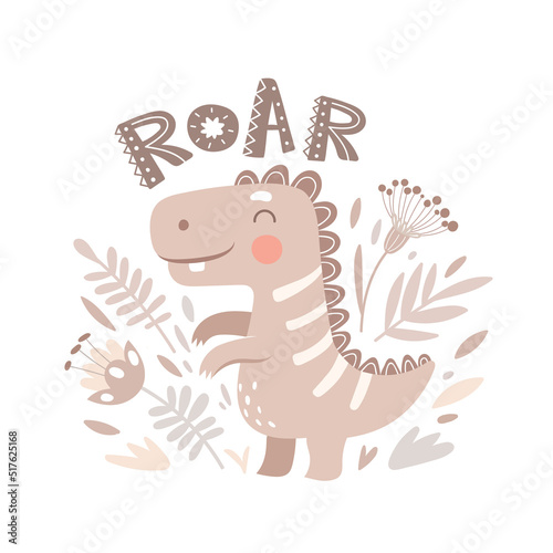 Vector illustration with cute dinosaur, flowers and leaves.