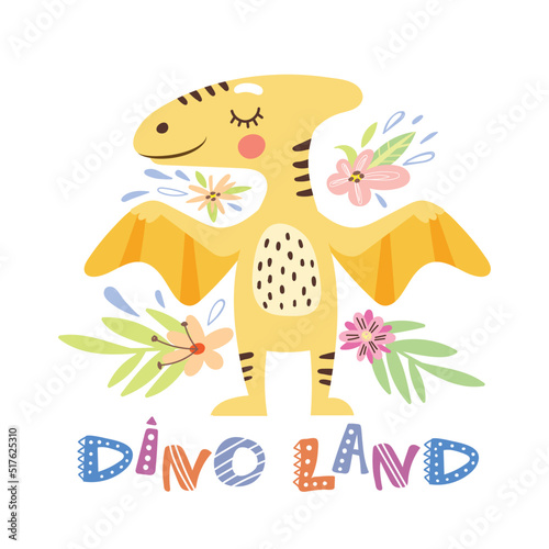 Vector illustration with cute dinosaur, flowers and leaves.