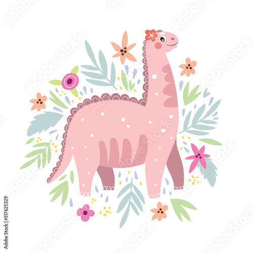 Vector illustration with cute dinosaur, flowers and leaves.