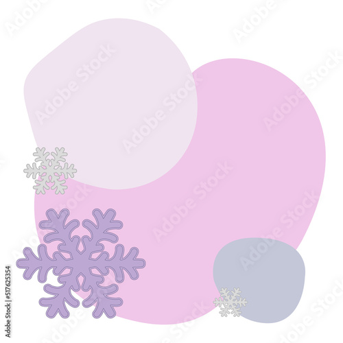 Simple template with snowflakes on colorful digital spots on isolated white. Colored Christmas, new year blotch. Trendy label brush stroke background