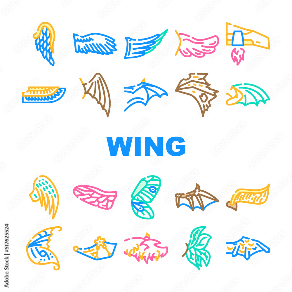 Naklejka premium Wing Fly Animal, Bird And Insect Icons Set Vector. Butterfly And Cupid, Angel And Elf, Dragon And Gargoyle Or Vampire Wing. Flying Iron And Techno Accessory For Flying Color Illustrations