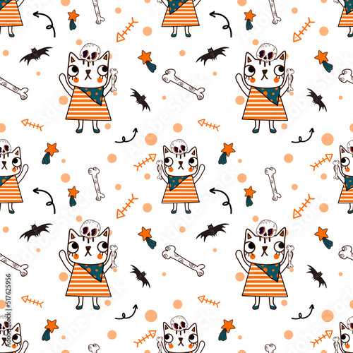 Cute seamless pattern of cat,bat,star,skull on white background.
Happy Halloween card vector illustration.cartoon character hand drawn.design for texture,fabric,clothing,wrapping paper,decoration.