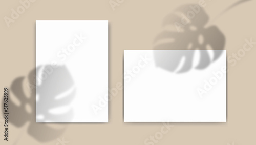A4 paper mockup with overlay leaf shadow from window. Tropical monstera transparent reflection on beige background. Realistic vector template for poster, flyer and post.