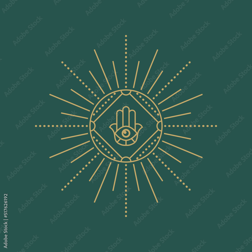 Esoteric sun design element. Trendy boho emblem. Line logo for meditation studios, palmists, alternative healing practices, spiritual, celestial, or others themes. Vector. - obrazy, fototapety, plakaty 