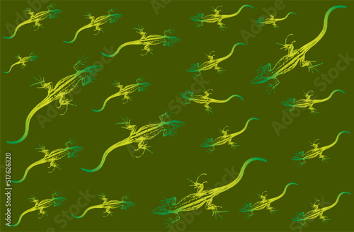 A bunch of green lizards scattered on a green background