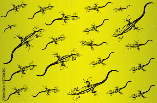 A bunch of green lizards scattered on a yellow background