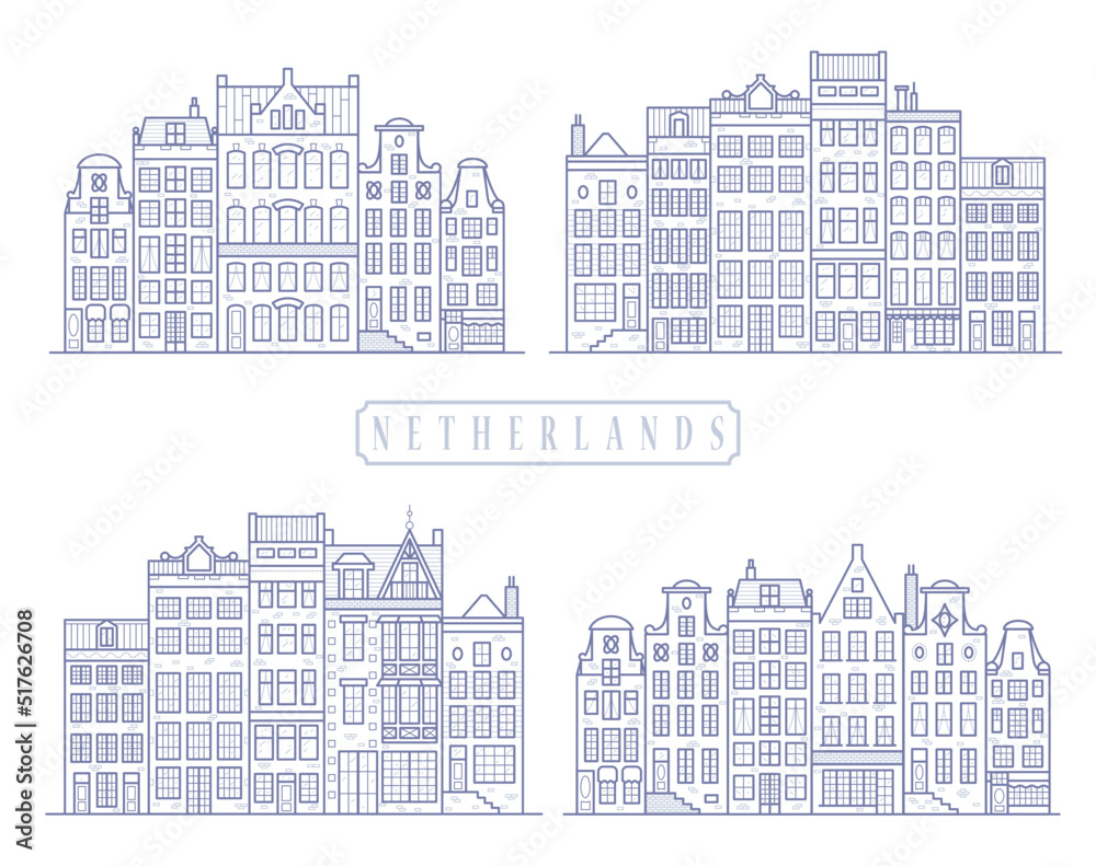 Row Amsterdam houses. Facades of European old buildings in Scandinavian style. Holland homes. Vector set