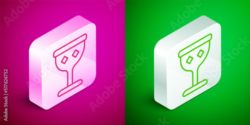Isometric line Medieval goblet icon isolated on pink and green background. Holy grail. Silver square button. Vector