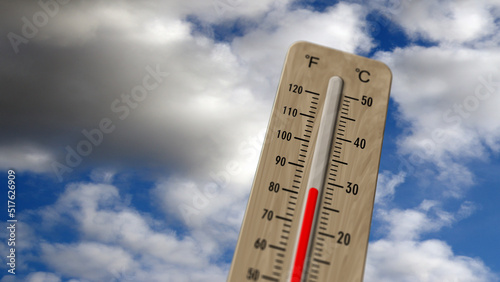 Thermometer on blue sky and shining sun illustration