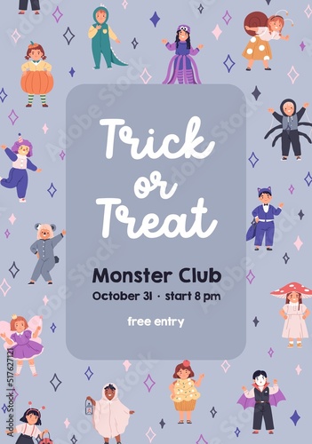 Kids Halloween card design. Ad flyer for Trick or Treat party for children. F...