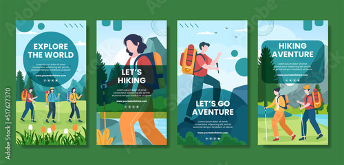 Hiking Mountain Social Media Stories Template Flat Cartoon Background Vector Illustration