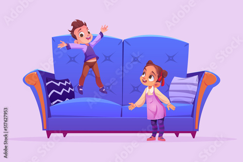 Happy kids jump and play on couch at home. Vector cartoon illustration of mischievous children, siblings or friends laughing and have fun together on blue sofa