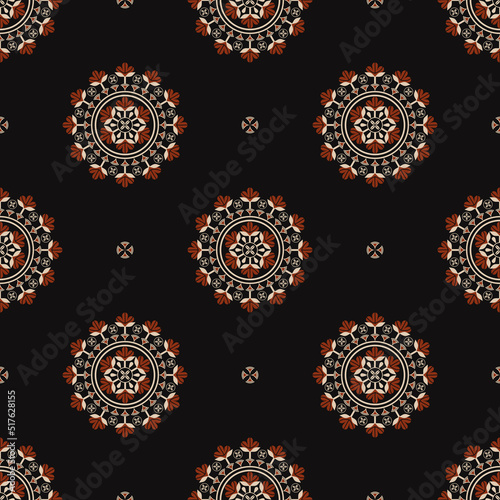 Vector ethnic tribal red-gold color flower circle shape seamless pattern on black background. Use for fabric, textile, interior decoration elements, upholstery, wrapping.