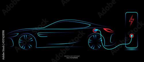 Electric car charging by sketch line side view blue green and red glowing light line isolated on black background. Vector illustration.