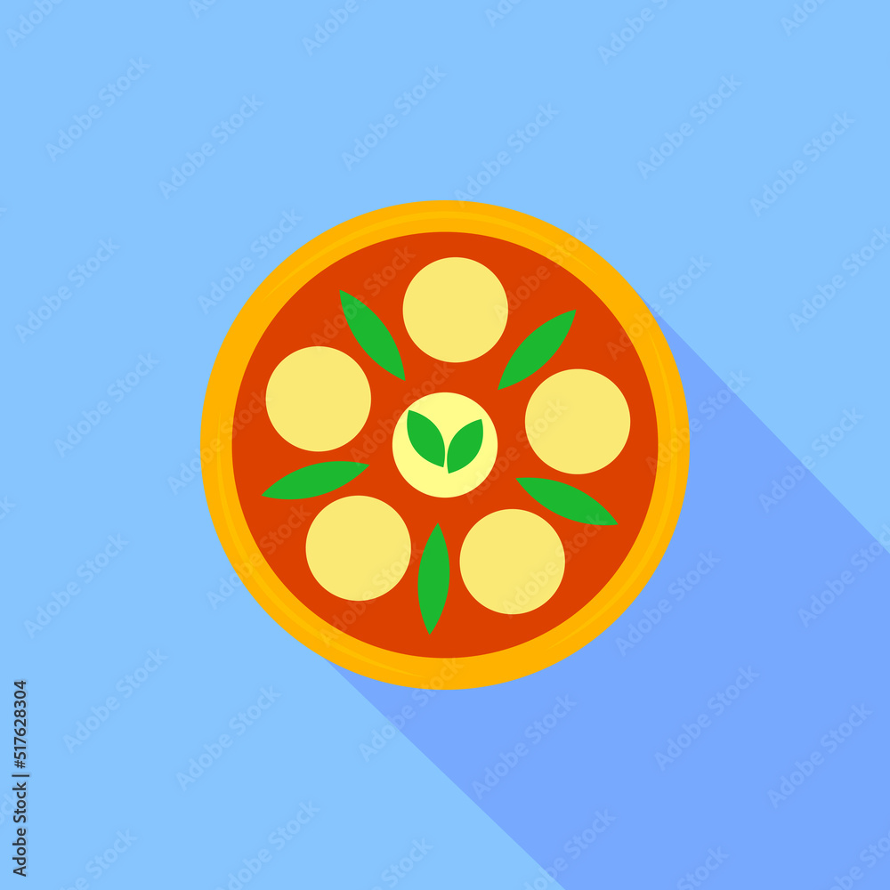 Pizza icon with long shadow. Colored pizza icon in flat design. Street food icon isolated on blue background. Logo pizza for menu pizzeria, cafeteria. Vector illustration for web design