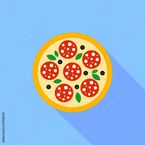 Pizza icon with long shadow. Colored pizza icon in flat design. Street food icon isolated on blue background. Logo pizza for menu pizzeria, cafeteria. Vector illustration for web design