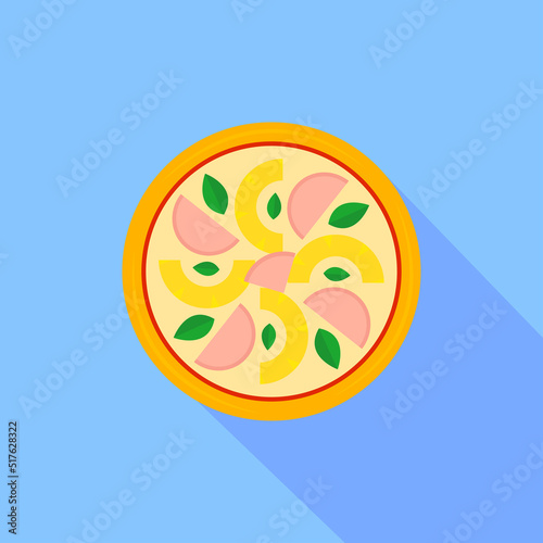 Pizza icon with long shadow. Colored pizza icon in flat design. Street food icon isolated on blue background. Logo pizza for menu pizzeria, cafeteria. Vector illustration for web design