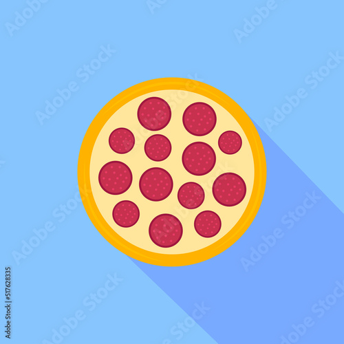 Pizza icon with long shadow. Colored pizza icon in flat design. Street food icon isolated on blue background. Logo pizza for menu pizzeria, cafeteria. Vector illustration for web design