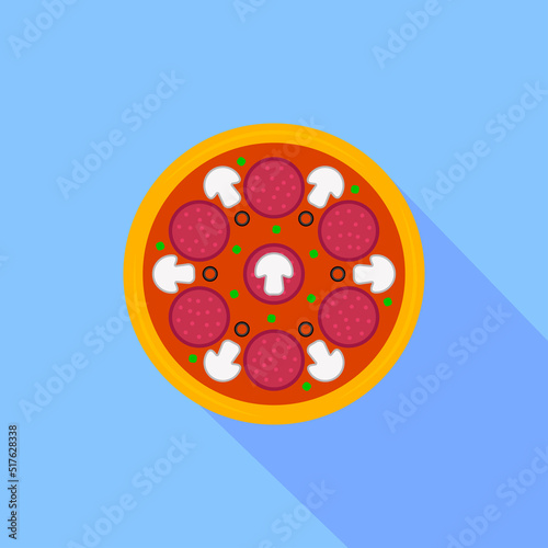 Pizza icon with long shadow. Colored pizza icon in flat design. Street food icon isolated on blue background. Logo pizza for menu pizzeria, cafeteria. Vector illustration for web design