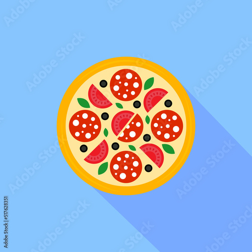 Pizza icon with long shadow. Colored pizza icon in flat design. Street food icon isolated on blue background. Logo pizza for menu pizzeria, cafeteria. Vector illustration for web design
