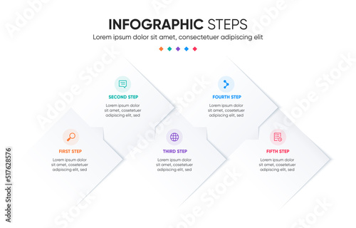 5 steps geometric shape with arrow infographic template. Step-by-step colorful infographic presentation.
