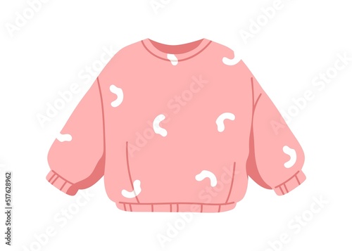 Kids sweatshirt. Soft fleece childs clothes. Casual girls apparel. Toddlers wearing, garment with sleeves for cold weather. Flat vector illustration isolated on white background