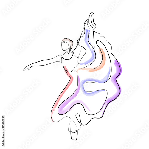 sketch of a woman in a dress ballet pose dancer line art continuous art watercolor icon girl