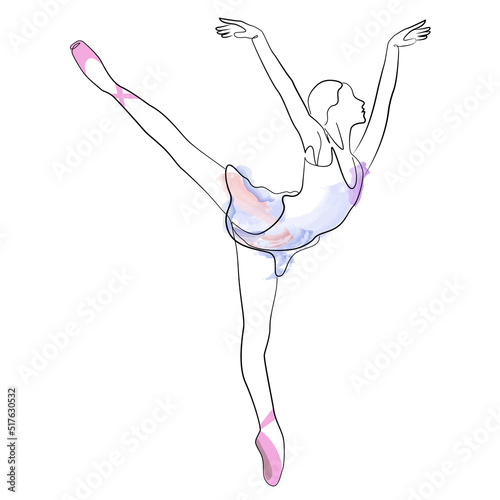 sketch of a woman in a dress ballet pose dancer line art continuous art watercolor icon girl.