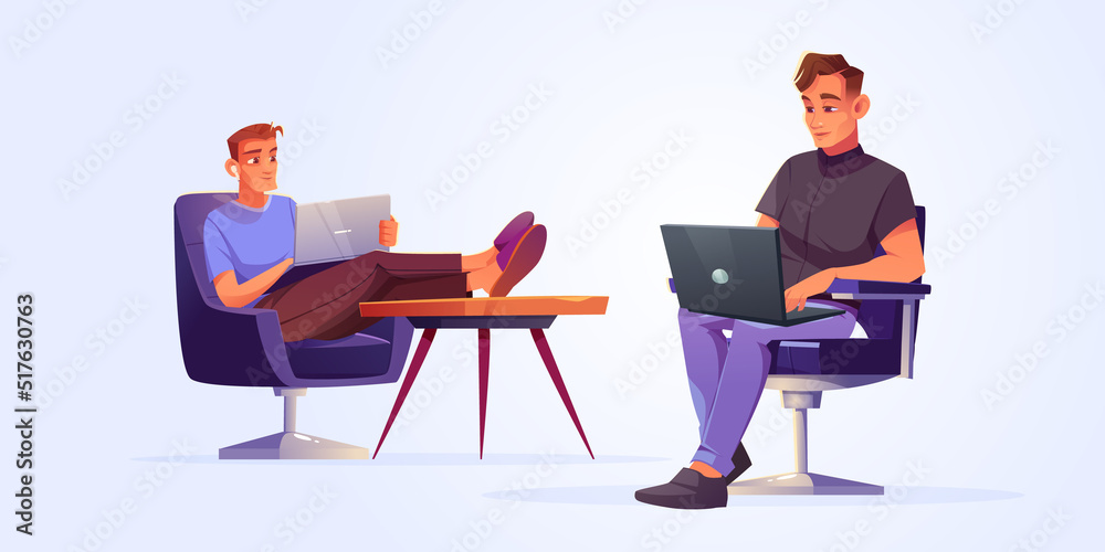 Men freelancers sitting in comfortable armchairs working distant on laptop. Remote freelance workers concept. Creative employee programmer or designer characters home work, Cartoon vector illustration