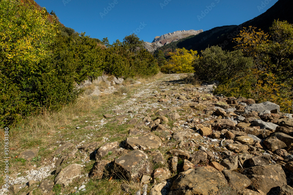 Roman road, Boca del Infierno route, Valley of Hecho, western valleys, Pyrenean mountain range, province of Huesca, Aragon, Spain, europe