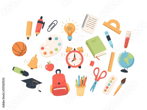 Back to school collection of supplies for children. Cute colorful vector illustration in flat cartoon style © Biscotto Design